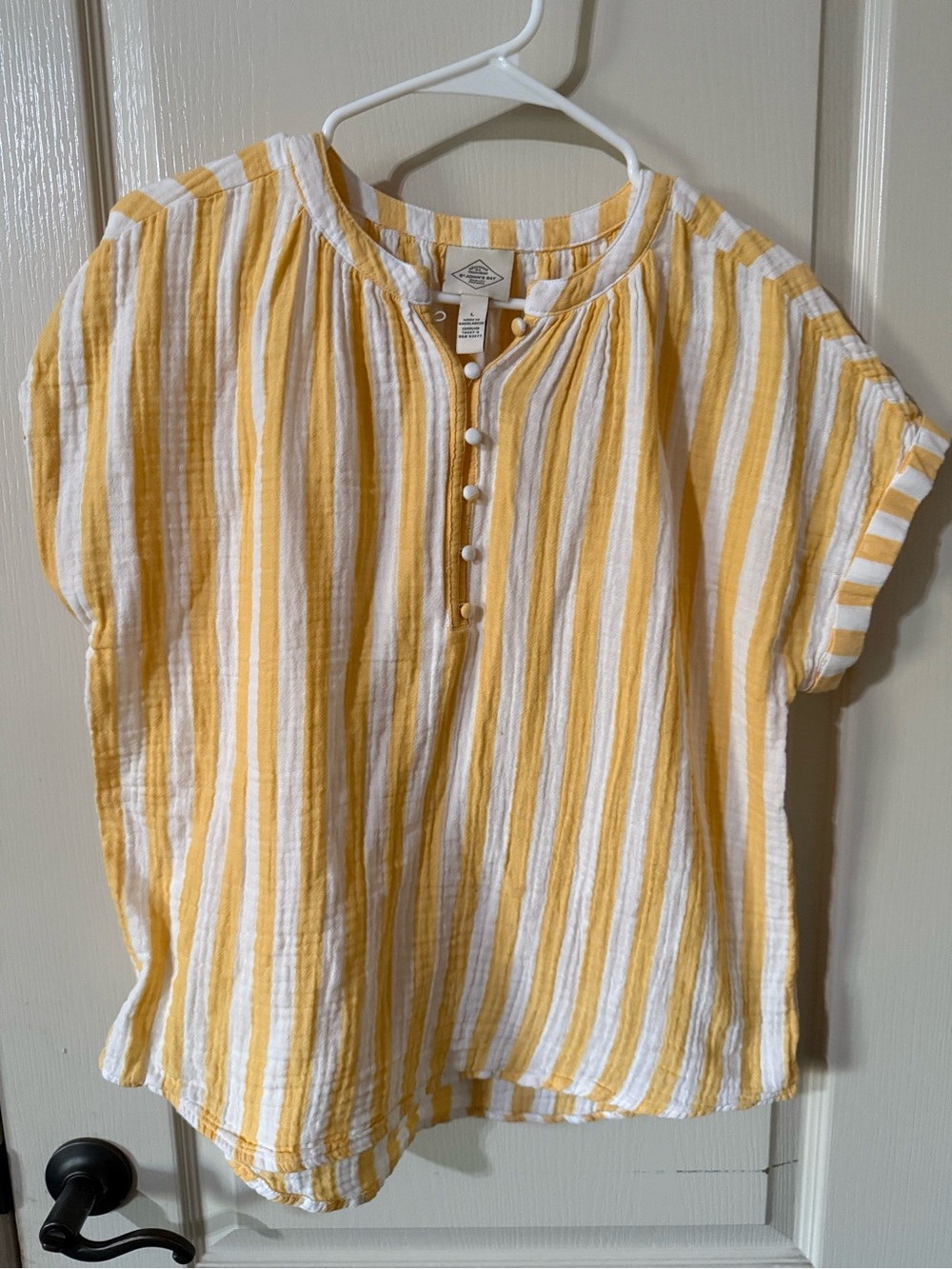 St. John's Bay Yellow & White Striped Button Henley Top